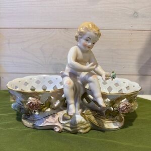 Antique Sitzendorf Reticulated Porcelain Double Cherub Dish Marked